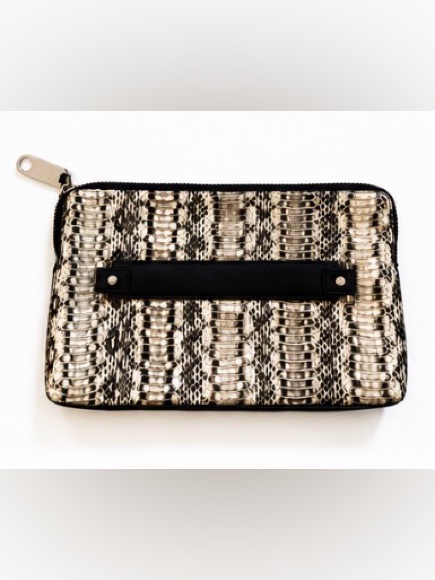 [Milly Mercer] Watersnake Leather Large Clutch Tan & Black Exotic Designer Bag